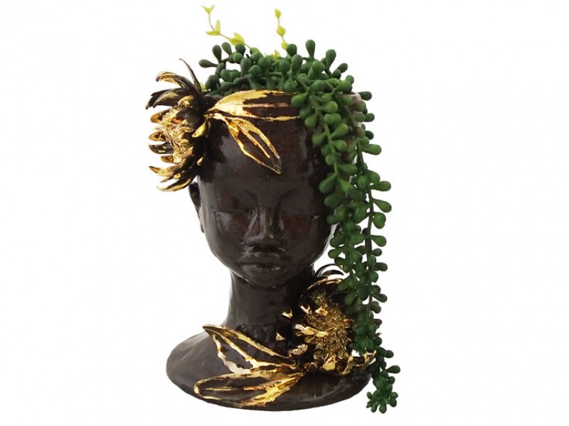 Handmade Ceramic Lady Planter - Black Clay And Gold Lustre Protea Handmade Ceramic Lady Planter - Black Clay And Gold Lustre Protea